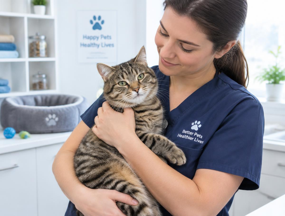 Relaxed tabby cat held gently by a pet care professional