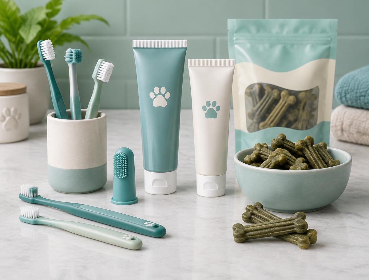 Pet toothbrushes, finger brush, pet toothpaste and dental chews on a counter